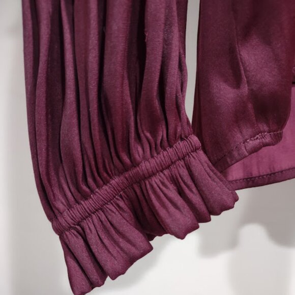VICI MAROON BLOUSE HIGHLY RUCHED AND RUFFLED ARMS AND CUFFS HIGH LOW HEM SMALL - Picture 3 of 10